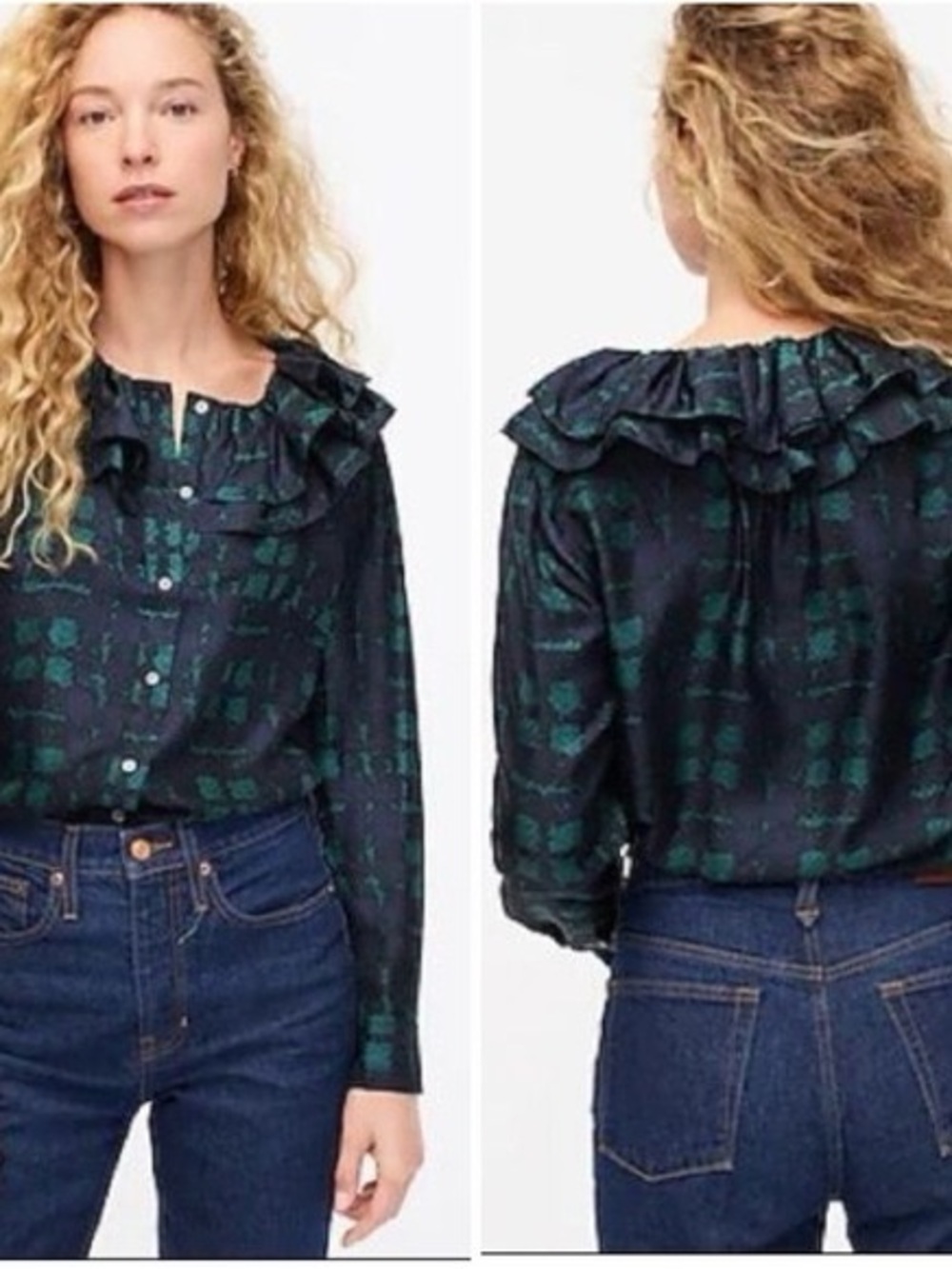 J.Crew Collection Plaid 100% Silk
Twill Ruffle Collar Blouse Top